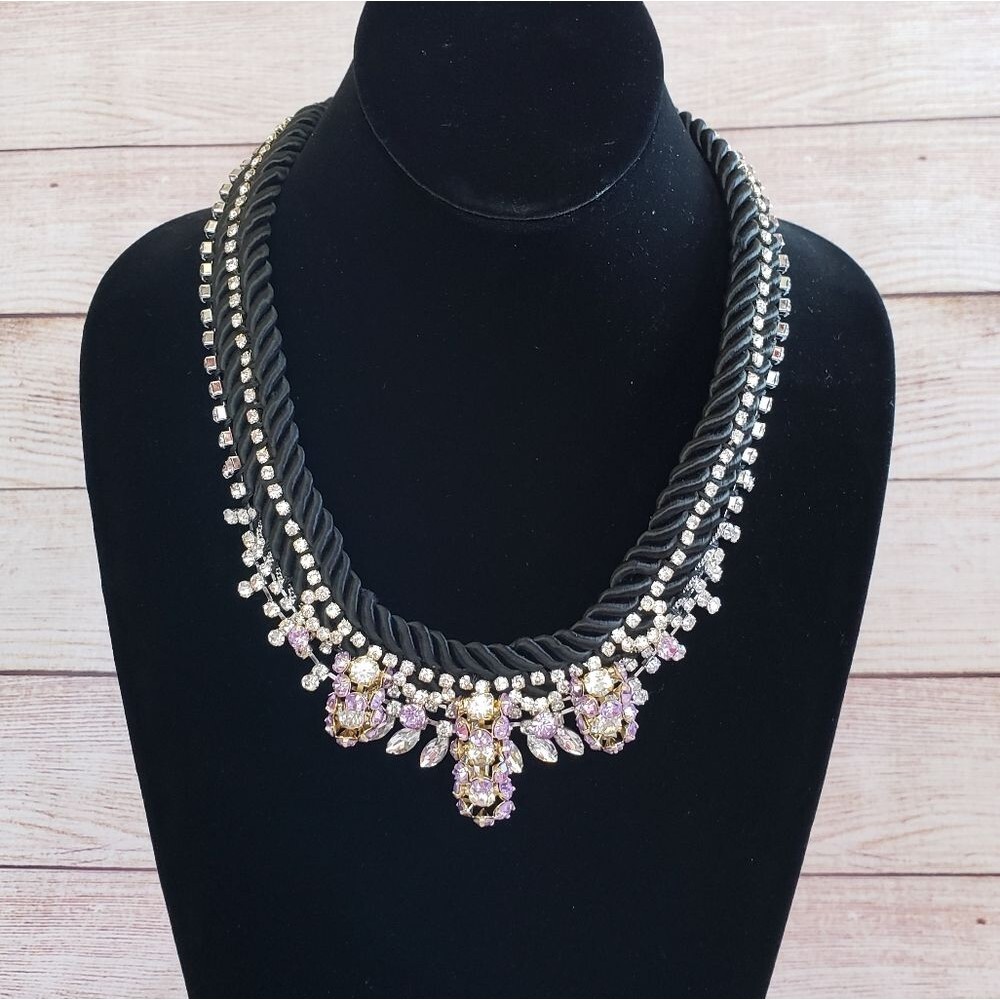 Banana Republic Debutante Satin Rope & Crystal Necklace Black Elegant Evening
